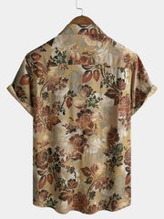 Men's Rayon Rose Print Vintage Casual Short Sleeve Shirt