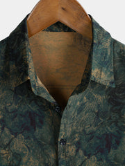 Men's Rayon Green Rose Print Vintage Short Sleeve Shirt