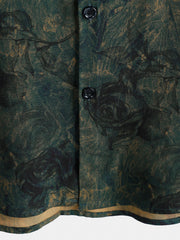 Men's Rayon Green Rose Print Vintage Short Sleeve Shirt