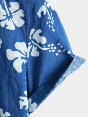 Men's Blue Floral Short Sleeve Beach Tropical Hawaiian Button Up Shirt