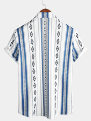 Men's Casual Blue and White Striped Vintage Short Sleeve 70s Retro Aztec Print Button Up Shirt