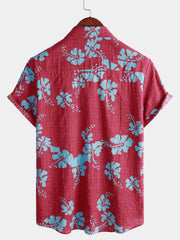 Men's Short Sleeve Red Floral Button Up Beach Tropical Hawaiian Shirt