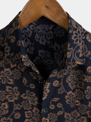 Men's Rayon Navy Paisley Print Retro Boho Short Sleeve Shirt