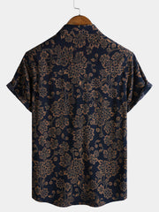 Men's Rayon Navy Paisley Print Retro Boho Short Sleeve Shirt
