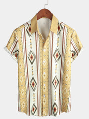 Men's Vintage Vertical Striped Short Sleeve 70s Retro Aztec Print Button Up Shirt