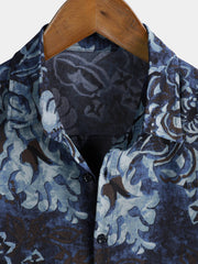 Men's Rayon Blue Floral Print Vintage Casual Short Sleeve Shirt