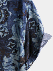 Men's Rayon Blue Floral Print Vintage Casual Short Sleeve Shirt