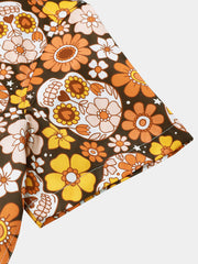 Men's Sugar Skull Floral Daisy Print Holiday Short Sleeve Shirt