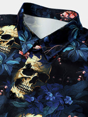 Men's Punk Gold Skull Floral Print Short Sleeve Shirt
