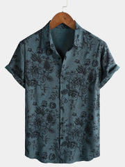 Men's Rayon Vintage Blue Floral Print Vacation Short Sleeve Shirt