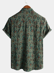 Men's Retro Paisley 70s Green Holiday Button Up Vintage Short Sleeve Shirt