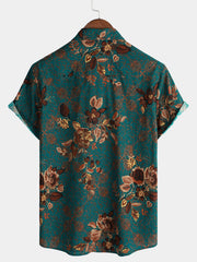 Men's Vintage Holiday Cotton Green Hawaiian Floral Button Up Short Sleeve Shirt