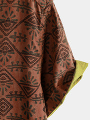 Men's Rayon Orange Geometric Tribal Print Boho Short Sleeve Shirt