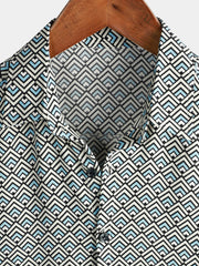 Men's Casual Vintage Geometric Button Up Holiday Summer Retro Short Sleeve Shirt
