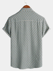 Men's Casual Vintage Geometric Button Up Holiday Summer Retro Short Sleeve Shirt