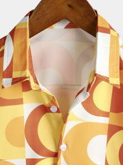 Men's Summer Retro Button Up Vintage Orange 70s Geometric Summer Beach Cool Short Sleeve Shirt