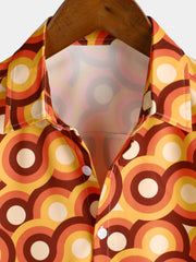 Men's Orange 70s Retro Button Up Vintage Geometric Circle Summer Beach Short Sleeve Shirt