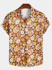 Men's Sugar Skull Floral Daisy Print Holiday Short Sleeve Shirt