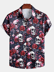 Men's Punk Rock Floral Skull Print Beach Short Sleeve Shirt