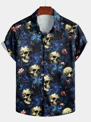 Men's Punk Gold Skull Floral Print Short Sleeve Shirt