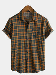 Men's Vintage Plaid Casual Pocket Short Sleeve Shirt