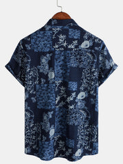 Men's Retro Navy Blue Floral Summer Short Sleeve Shirt