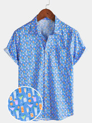 Men’s Cocktail Print Short Sleeve Button Down Breathable Casual Summer Shirt