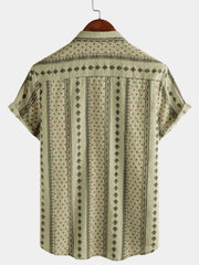 Men's Retro Khaki Striped Print Button Up 70s Vintage Short Sleeve Shirt