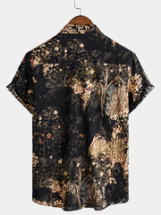 Men's Summer Retro Plant Print Button Up Short Sleeve Shirt