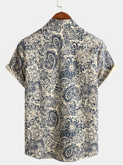 Men's Retro Floral Pocket Short Sleeve 70s Paisley Print Vintage Button Up Shirt