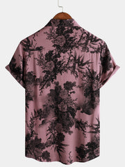Men's Bamboo Floral Cool Summer Hawaiian Rayon Pink Button Up Short Sleeve Shirt