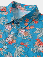 Men's Blue Tropical Floral Print Casual Beach Short Sleeve Shirt