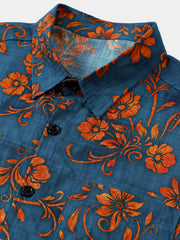 Men's Blue Floral Print Bohemian Resort Short Sleeve Shirt