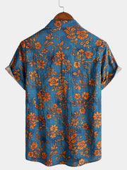 Men's Blue Floral Print Bohemian Resort Short Sleeve Shirt