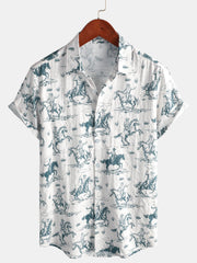 Men's Horse Print Cowboy Button Up Holiday Short Sleeve Shirt