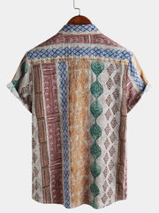 Men's Retro Striped Print Holiday Button Up Short Sleeve Shirt