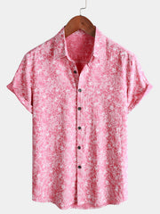 Men's Cotton Floral Holiday Flower Print Button Up Beach Pink Hawaiian Short Sleeve Shirt