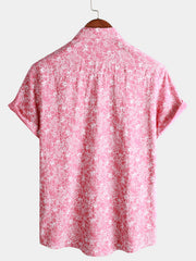 Men's Cotton Floral Holiday Flower Print Button Up Beach Pink Hawaiian Short Sleeve Shirt