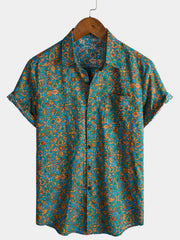 Men's Abstract Stylish Pocket Button Up Short Sleeve Retro Shirt