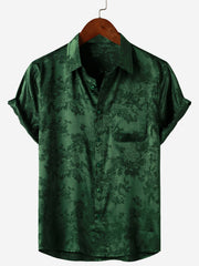 Men's Jacquard Pocket Silky Satin Floral Short Sleeve Shirt