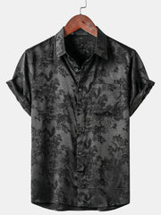 Men's Casual Jacquard Silky Satin Floral Pocket Short Sleeve Shirt
