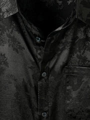 Men's Casual Jacquard Silky Satin Floral Pocket Short Sleeve Shirt