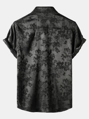 Men's Casual Jacquard Silky Satin Floral Pocket Short Sleeve Shirt