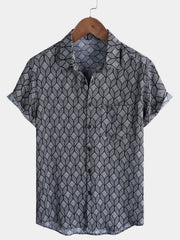 Men's Retro Black Geometric Print Pocket Short Sleeve Shirt