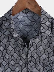 Men's Retro Black Geometric Print Pocket Short Sleeve Shirt