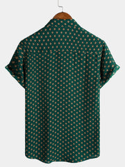 Men's Green Diamond Pattern Bohemian Casual Short Sleeve Shirt