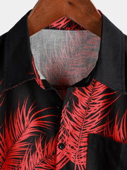 Men's Hawaiian Palm Leaf Print Cotton Linen Button Up Short Sleeve Shirt