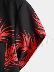 Men's Hawaiian Palm Leaf Print Cotton Linen Button Up Short Sleeve Shirt