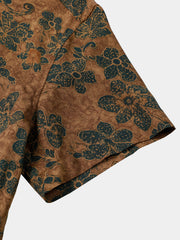 Men's Khaki Floral Print Vintage Summer Button Up Short Sleeve Shirt