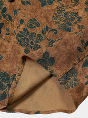 Men's Khaki Floral Print Vintage Summer Button Up Short Sleeve Shirt